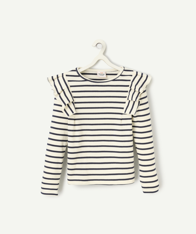   - long-sleeved t-shirt for girls in ecru and navy blue striped organic cotton