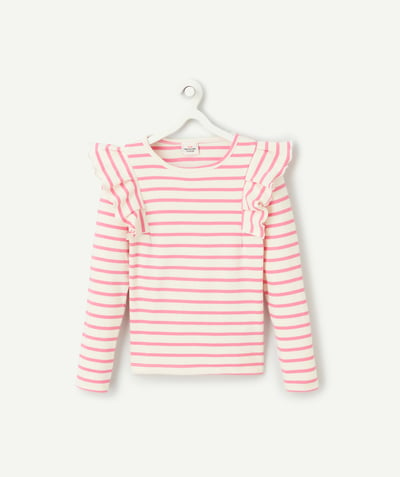 CategoryModel (8825586843790@448)  - long-sleeved t-shirt for girls in pink striped organic cotton with ruffles