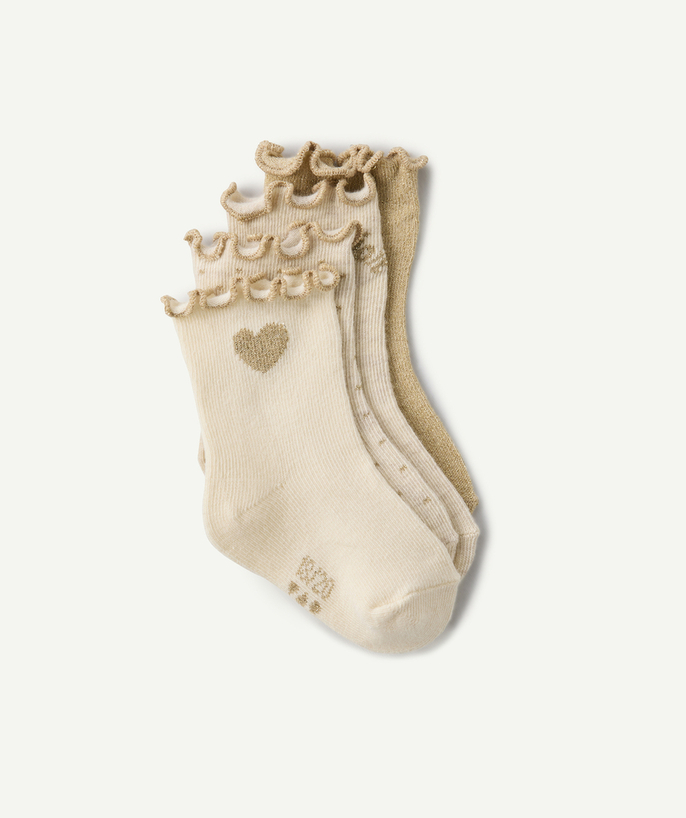   - set of 4 pairs of beige and ecru baby girl socks with gold festoons