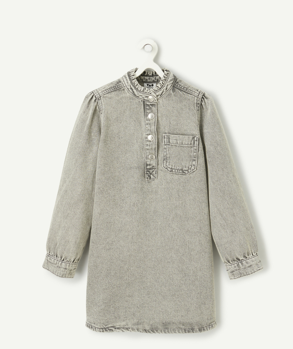   - Long-sleeved grey denim dress for girls