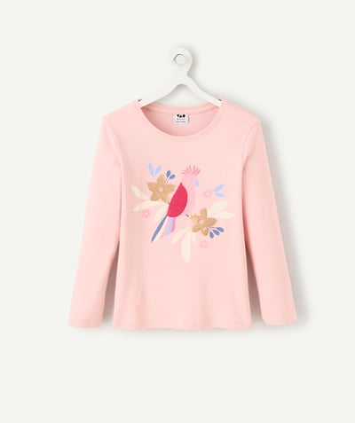 CategoryModel (8827517567118@9)  - Girl's long-sleeved pink cotton T-shirt with parrot