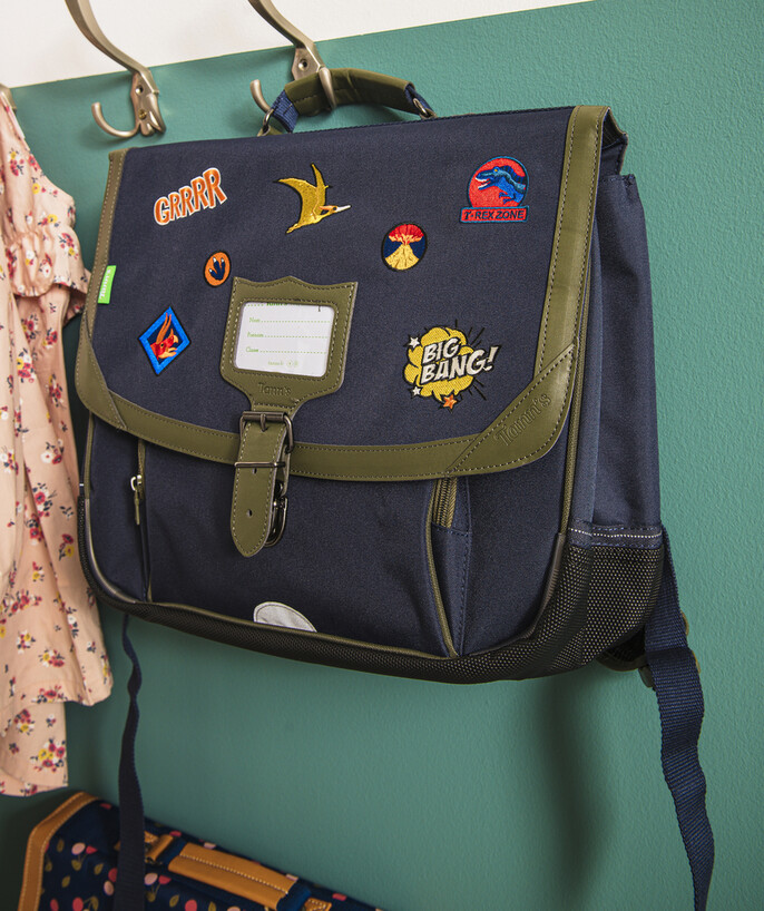   - BLUE SCHOOLBAG WITH COLOURFUL PATCHES