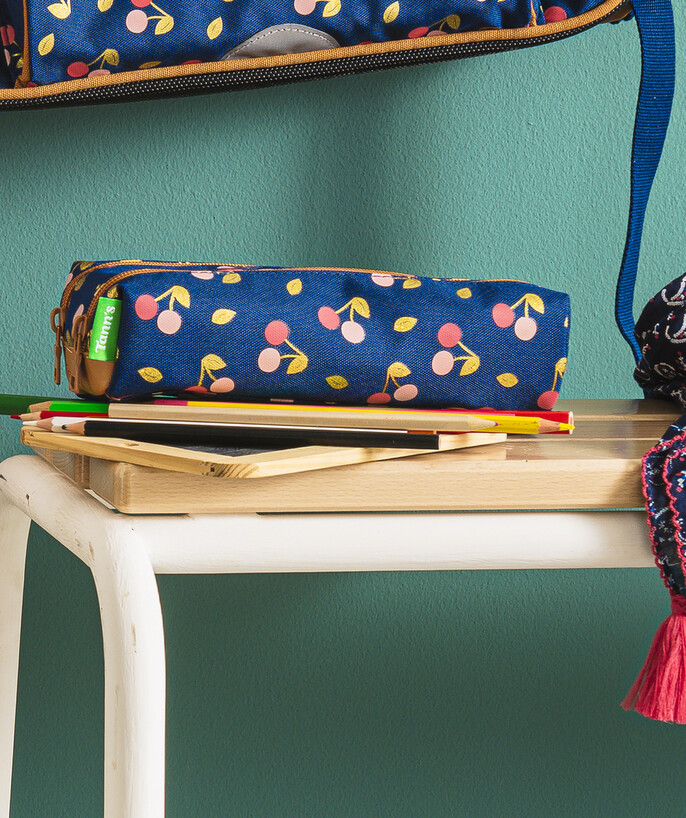   - BLUE DOUBLE SCHOOL PENCIL CASE WITH A CHERRY PRINT