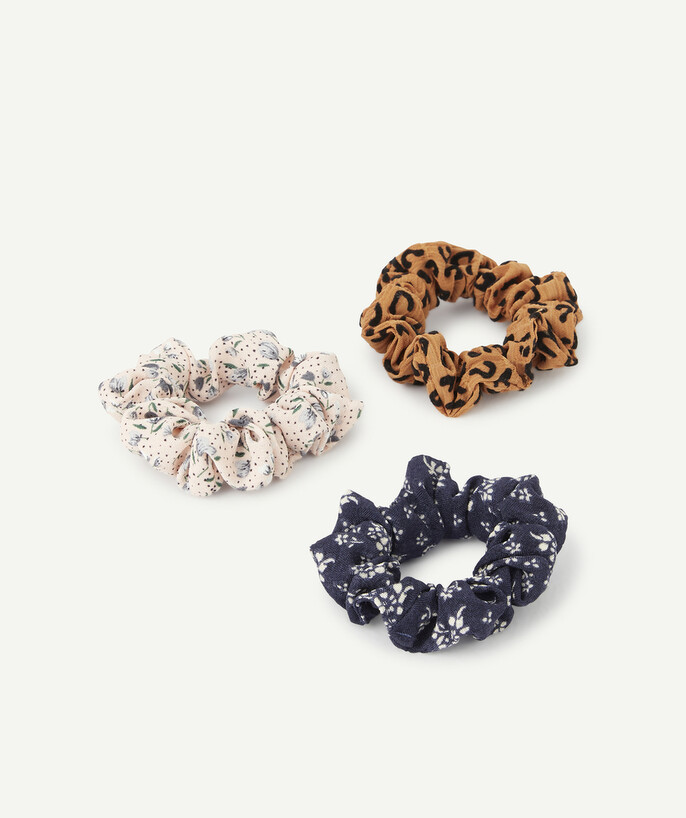   - THREE FLOWER AND LEOPARD PRINT HAIR SCRUNCHIES