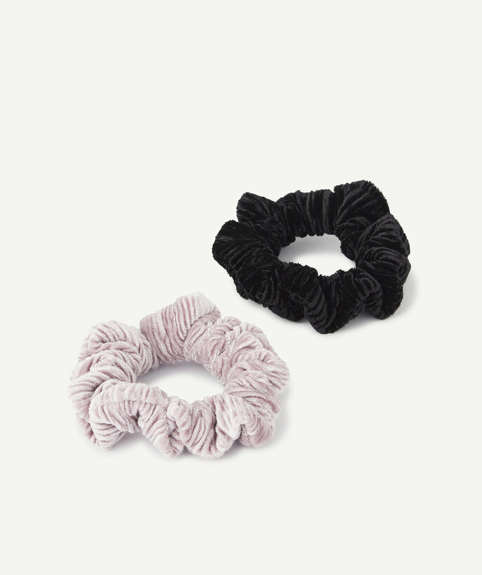   - THREE LILAC AND BLACK SATIN HAIR SCRUNCHIES