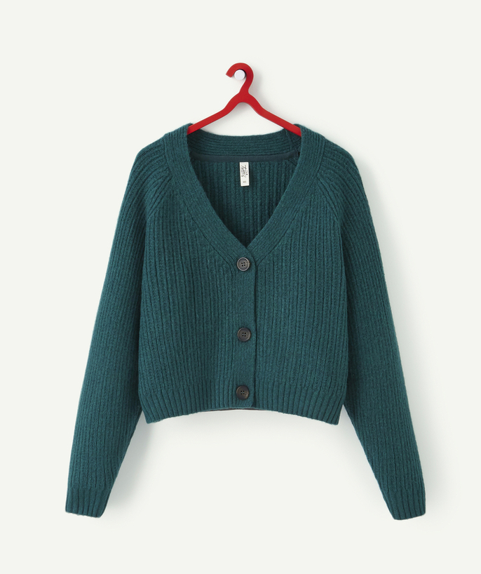   - GIRLS' PINE GREEN CARDIGAN IN RECYCLED FIBRES