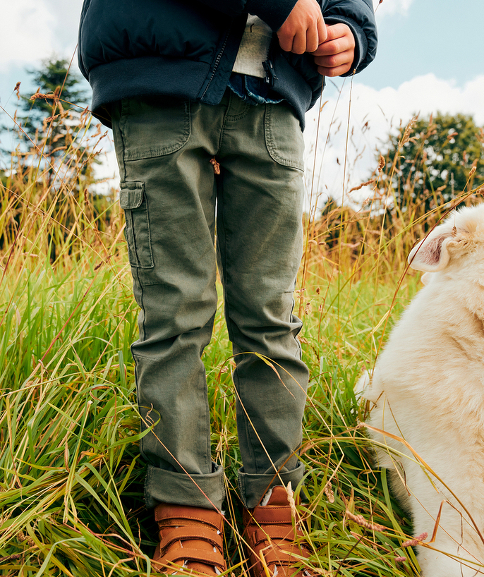   - JULIEN BOYS' KHAKI CARGO TROUSERS WITH A BELT AND POCKETS