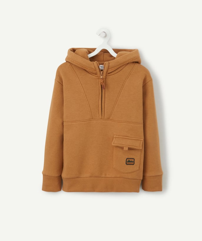   - BOYS' CAMEL SWEATSHIRT IN RECYCLED FIBRES WITH A HOOD AND ZIP