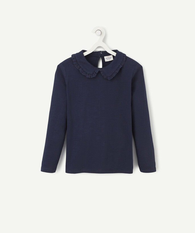   - NAVY BLUE PETER PAN COLLAR T-SHIRT WITH BRODERIE ANGLAIS