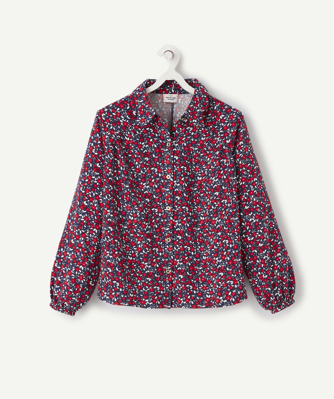   - GIRLS' BLUE SHIRT WITH RED FLOWERS IN ECO-FRIENDLY VISCOSE