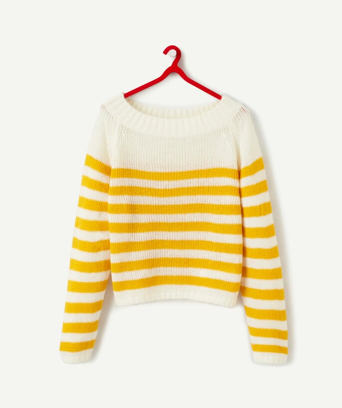   - YELLOW AND WHITE KNITTED OPEN-SHOULDER JUMPER