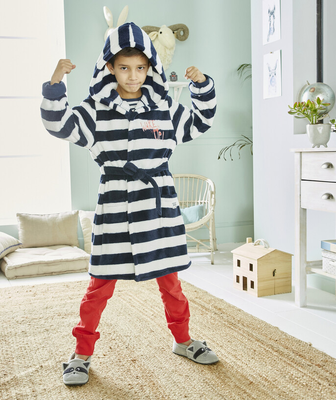   - BLUE AND WHITE STRIPED COSY BATHROBE WITH HOOD