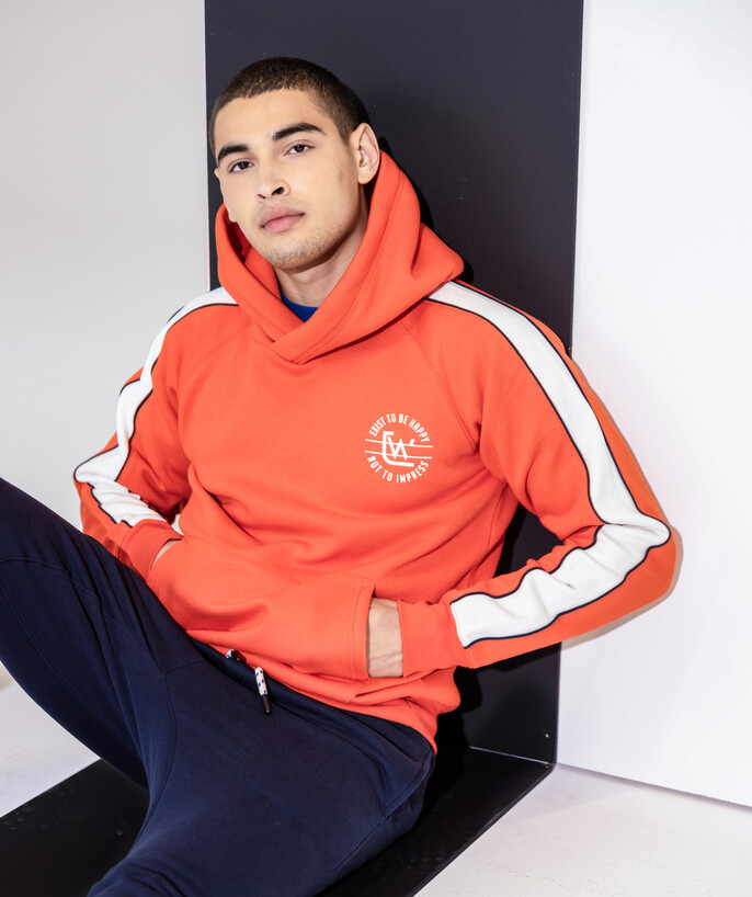   - ORANGE HOODED SWEATSHIRT WITH WHITE BANDS