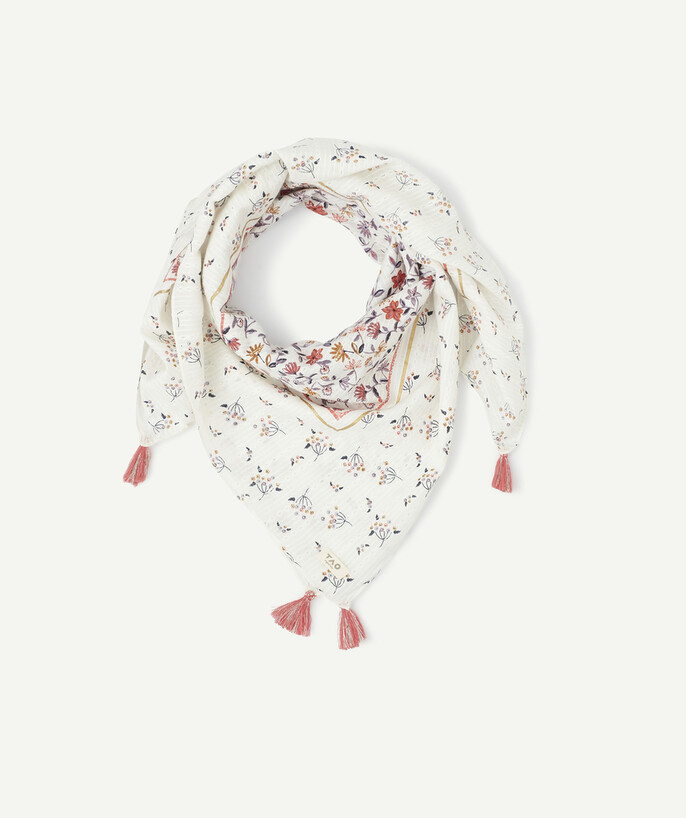   - ECRU EMBROIDERED SCARF WITH COLOURFUL FLOWERS