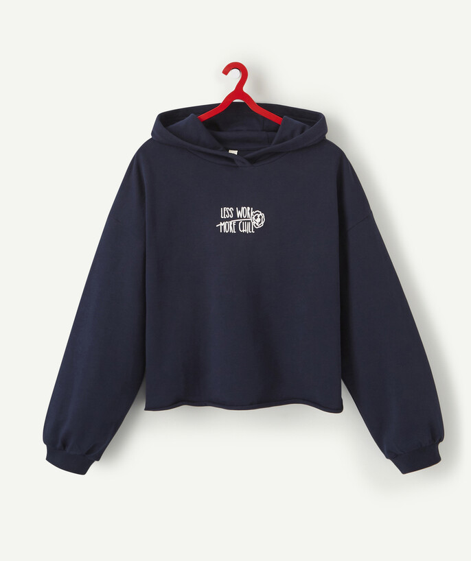   - NAVY BLUE COTTON SWEATSHIRT WITH A HOOD AND A MESSAGE