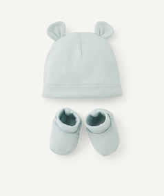 Ensemble bonnet, moufles et chaussons bébé naissance et son sac assorti -  bleu grisé