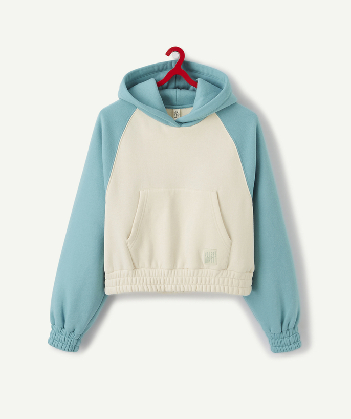   - LE SWEAT COURT TURQUOISE ET BEIGE À CAPUCHE 