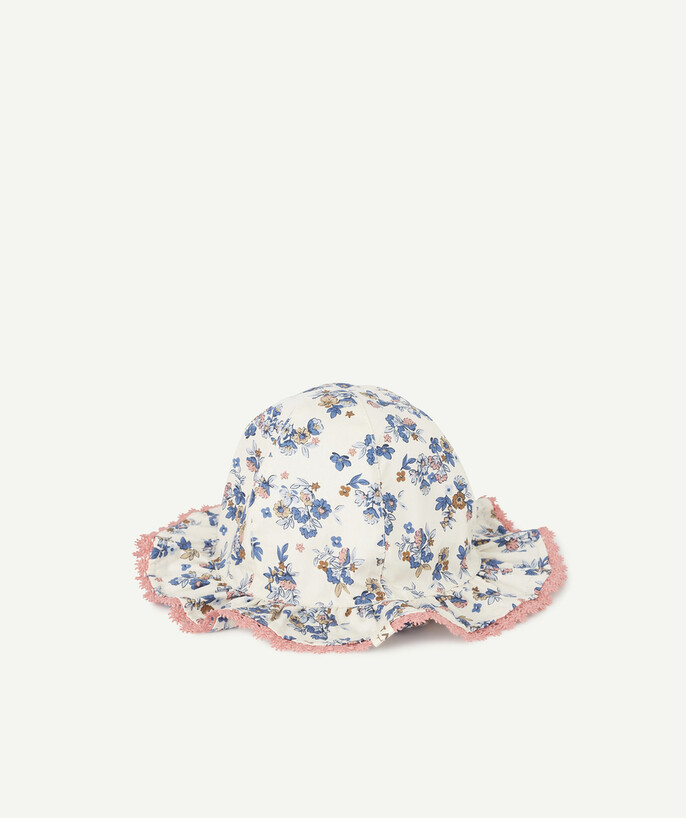   - WHITE AND BLUE FLOWER-PATTERNED BUCKET HAT WITH PINK EMBROIDERY