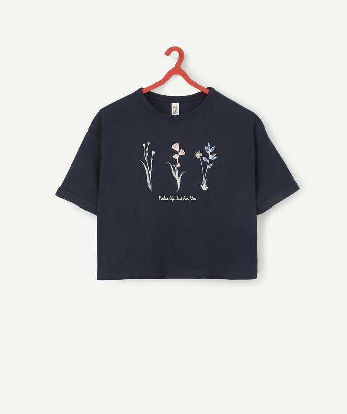   - SHORT NAVY BLUE T-SHIRT IN ORGANIC COTTON WITH FLOWERS