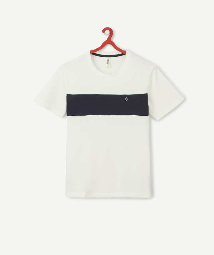   - WHITE T-SHIRT IN COTTON PIQUE WITH A NAVY BLUE BAND