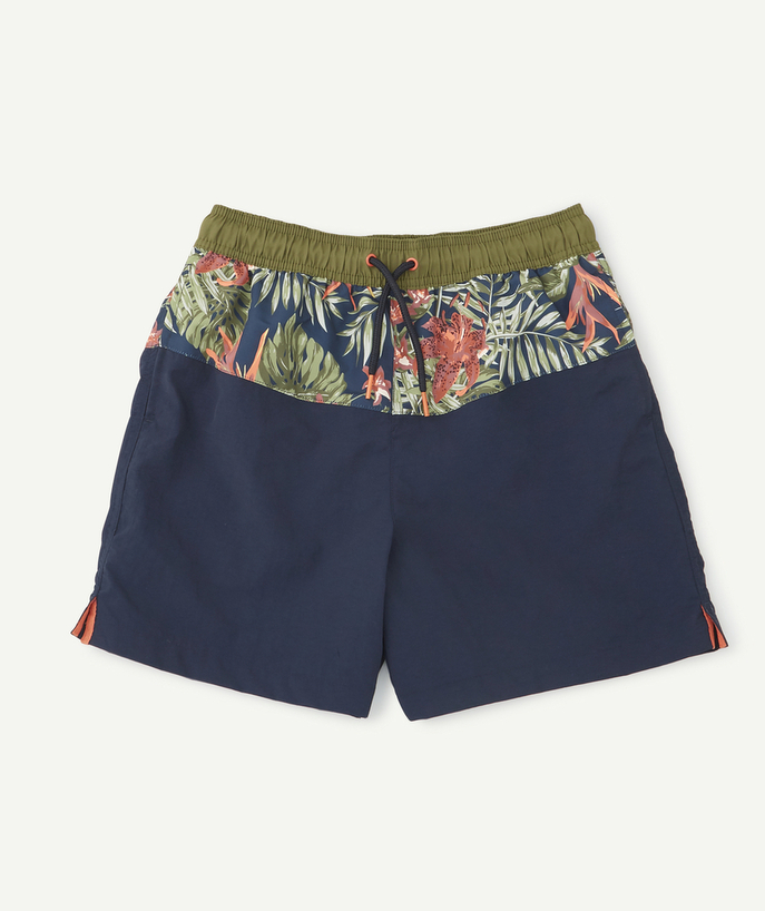   - NAVY BLUE AND TROPICAL PRINT SWIM SHORTS IN RECYCLED FIBRES