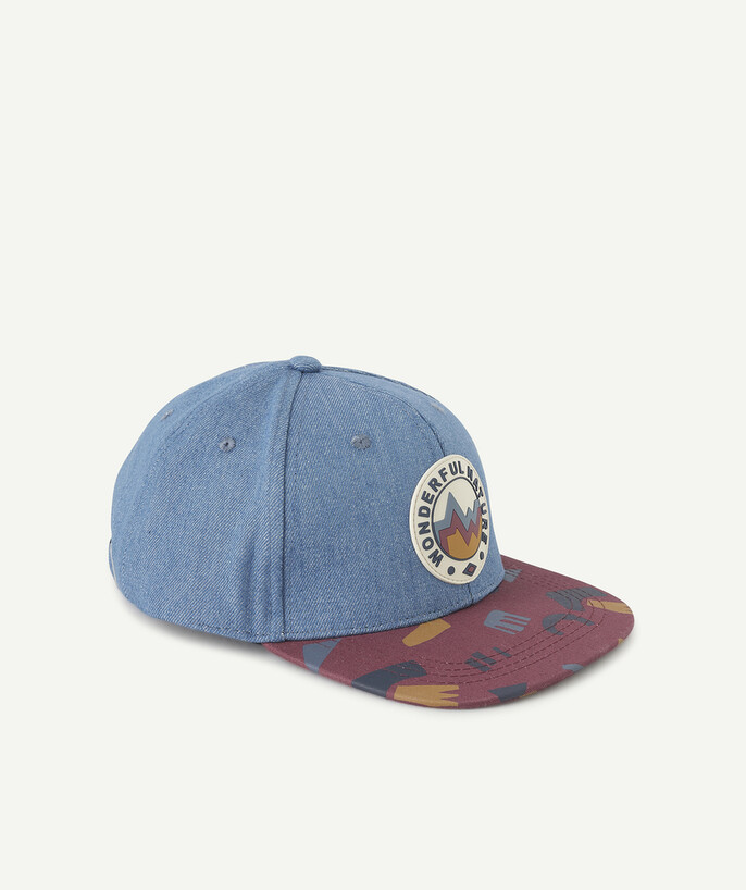   - IMITATION DENIM AND BURGUNDY CAP WITH A RUBBER PATCH