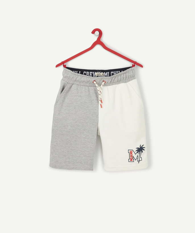   - GREY AND WHITE FLEECE BERMUDA SHORTS WITH A PALM TREE MOTIF