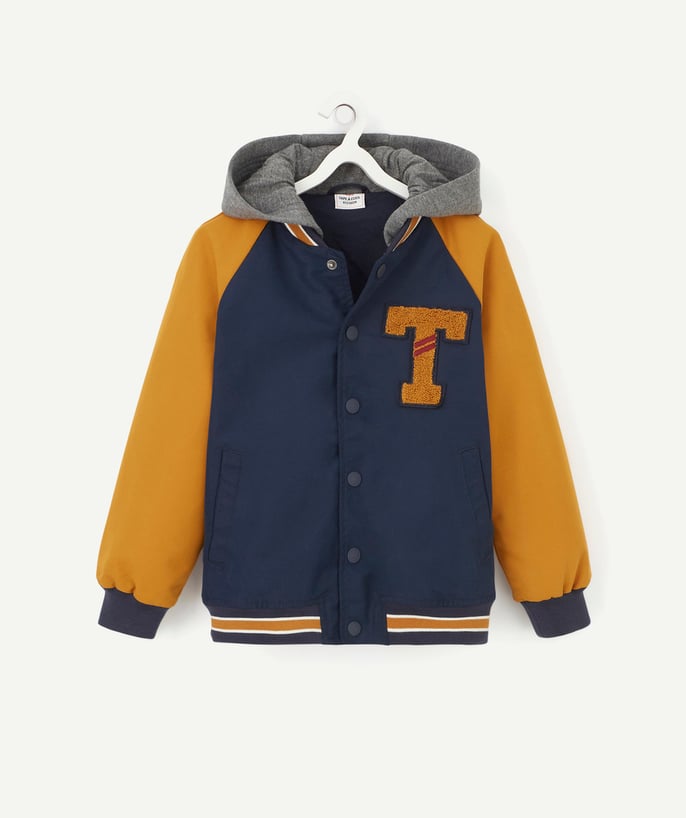   - BOYS' HOODED TWO-TONE VARSITY JACKET