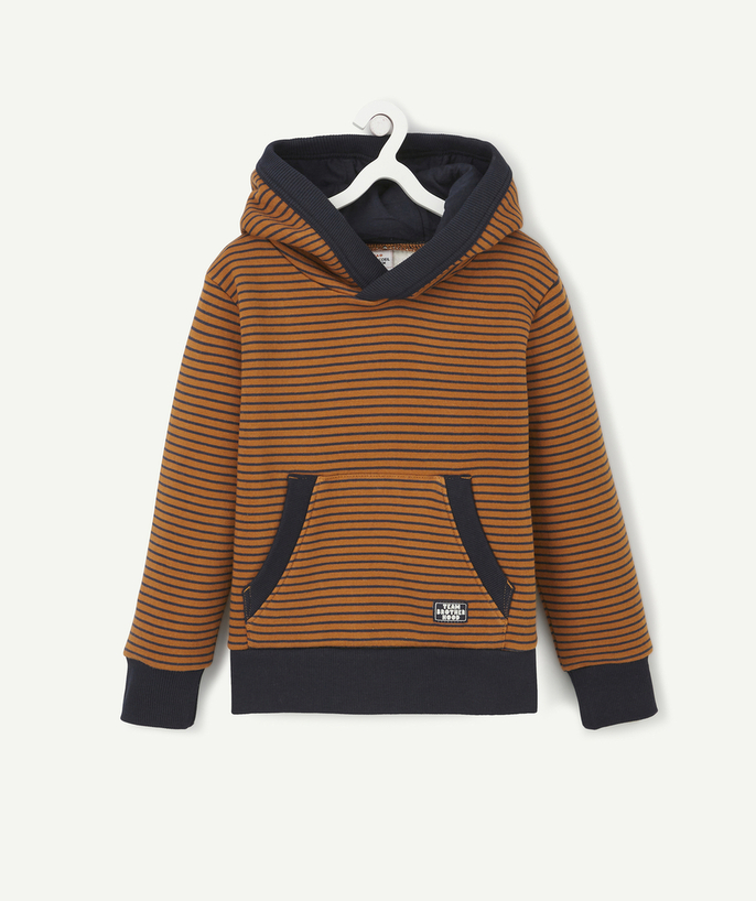   - NAVY BLUE AND CAMEL STRIPED SWEATSHIRT WITH A HOOD