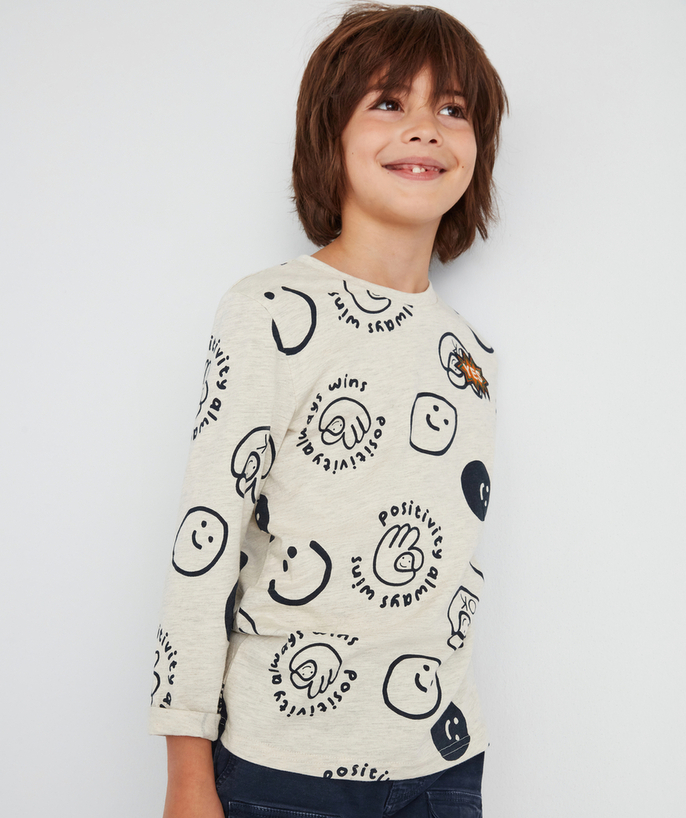   - BOYS' LONG-SLEEVED GREY MARL T-SHIRT WITH A SMILE PATTERN