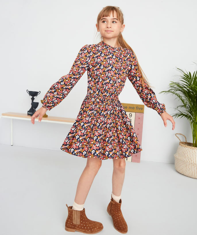   - GIRLS' NAVY BLUE DRESS IN ECO-FRIENDLY VISCOSE