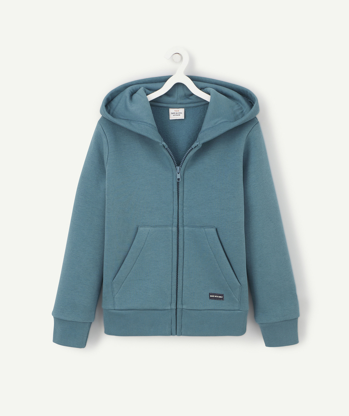   - SWEAT ZIPPÉ GARÇON EN MOLLETON BLEU CANARD AVEC CAPUCHE