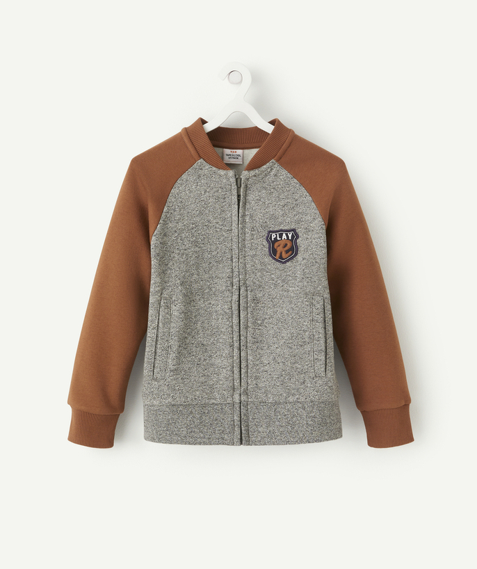   - BOYS' ZIPPED GREY AND CAMEL JACKET IN RECYCLED FIBERS WITH A PATCH