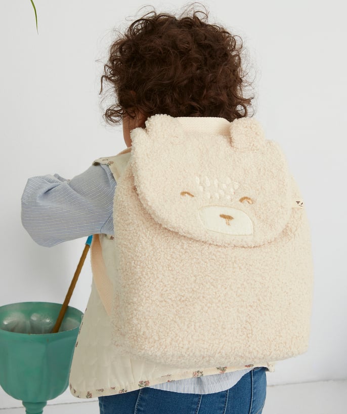   - SAC À DOS BEIGE EN BOUCLETTES BÉBÉ FILLE AVEC TÊTE D'OURS 