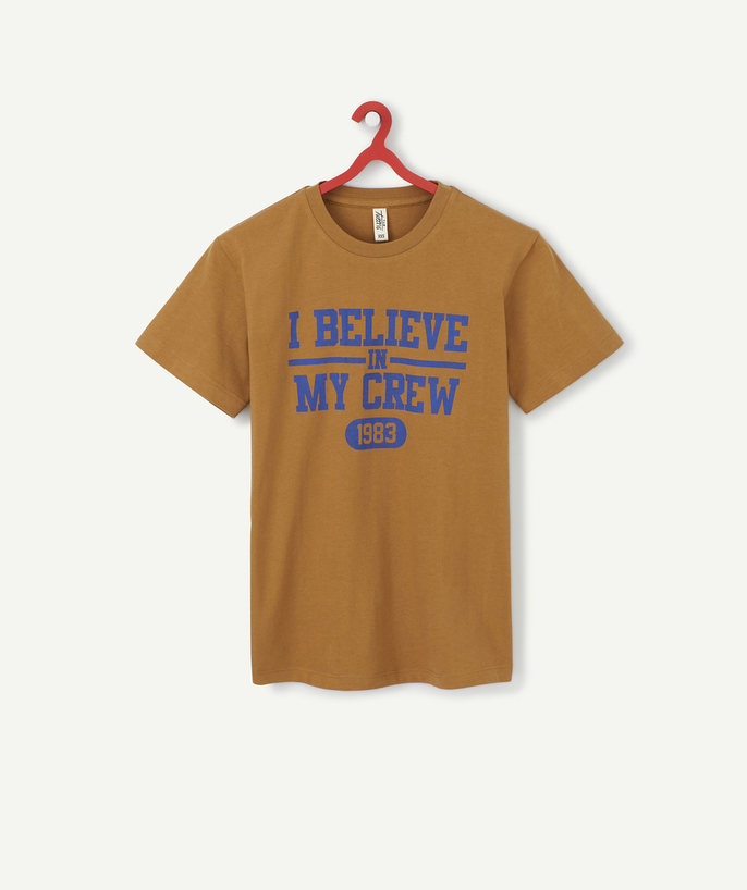   - BOYS' BROWN T-SHIRT IN ORGANIC COTTON WITH A BLUE FLOCKED MESSAGE