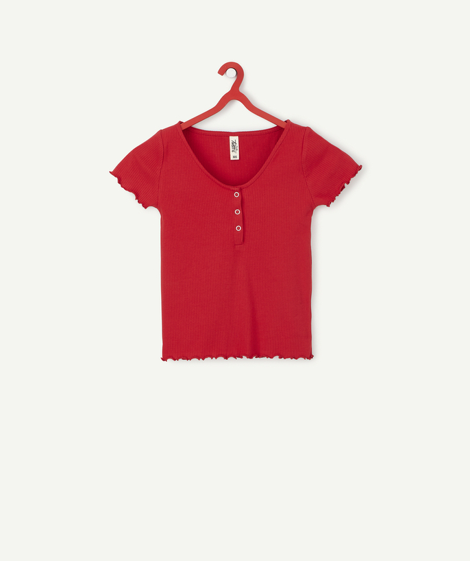   - GIRLS' RED RIBBED T-SHIRT IN ORGANIC COTTON