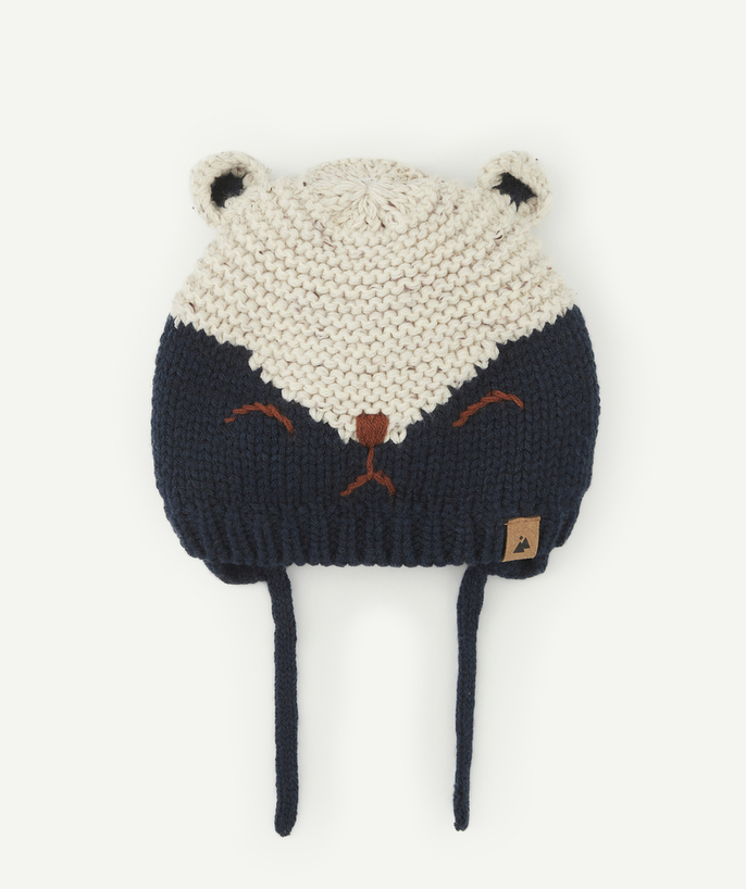   - BABY BOYS' BLUE AND WHITE HAT IN RECYCLED FIBRES WITH A FUN DESIGN