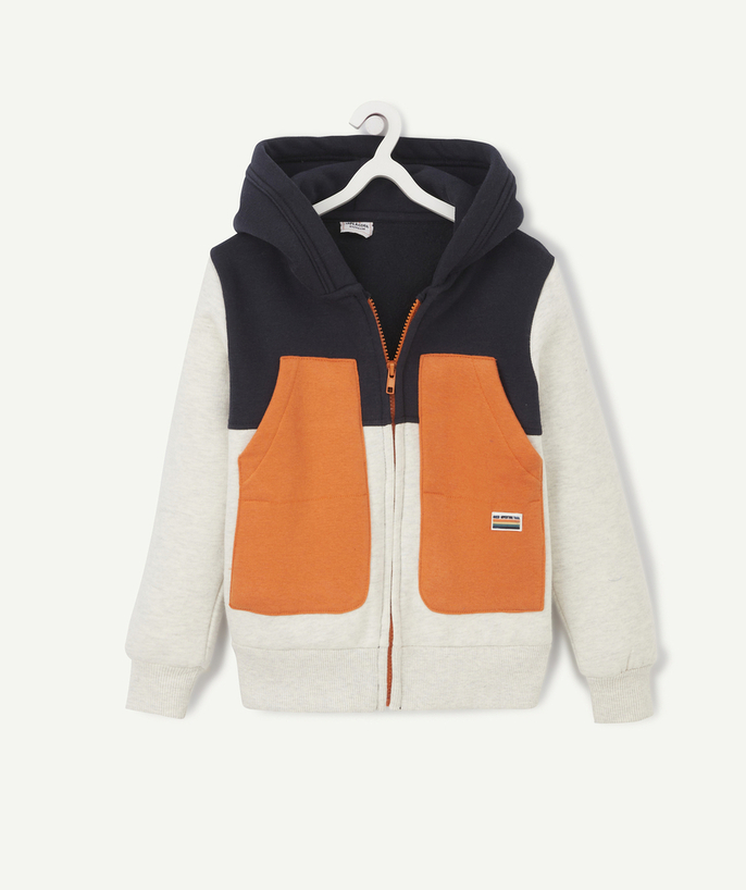   - GILET ZIPPÉ GRIS CHINÉ ET BLEU AVEC POCHES ORANGE GARÇON