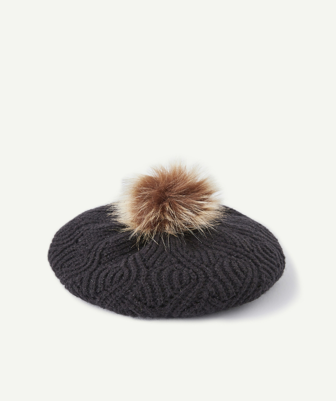   - GIRLS' BLACK SEQUINNED BERET WITH AN IMITATION FUR POMPOM