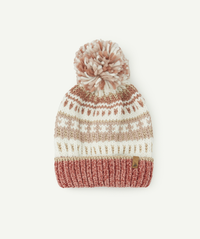   - GIRLS' PINK VELVET-EFFECT WOOLLEN HAT WITH A POMPOM