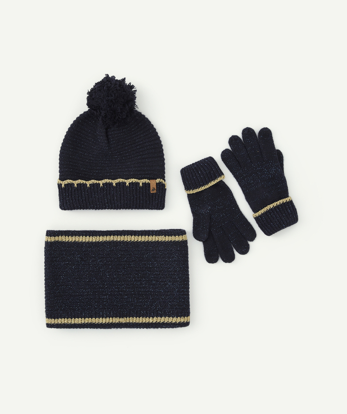   - GIRLS' SPARKLING NAVY GLOVES, SNOOD AND HAT SET IN RECYCLED FIBRES