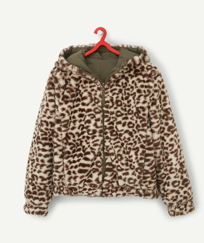   - GIRLS' REVERSIBLE LEOPARD AND KHAKI IMITATION FUR JACKET