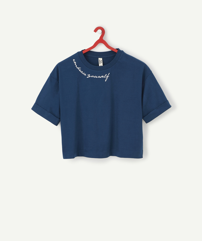   - GIRLS' SHORT T-SHIRT IN NAVY BLUE ORGANIC COTTON WITH A MESSAGE