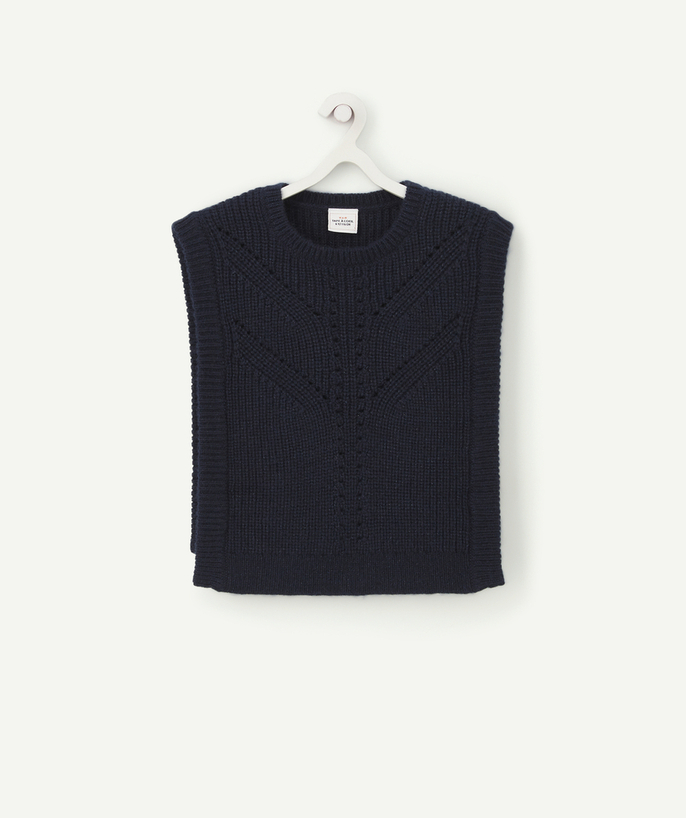   - PULL EN TRICOT FILLE SANS MANCHES BLEU MARINE ET BRILLANT