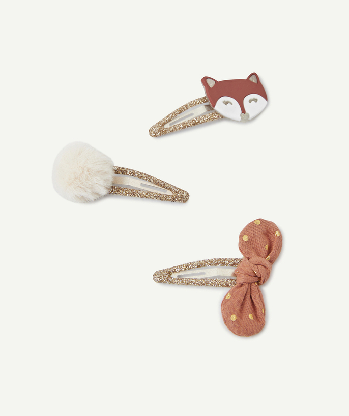   - SET OF THREE TERRACOTTA FOX POMPOM AND BOW HAIR CLIPS,