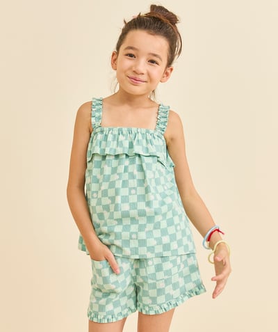 CategoryModel (8824765612174@121)  - GIRLS' GREEN CHECKED COTTON SHORTS WITH DAISIES