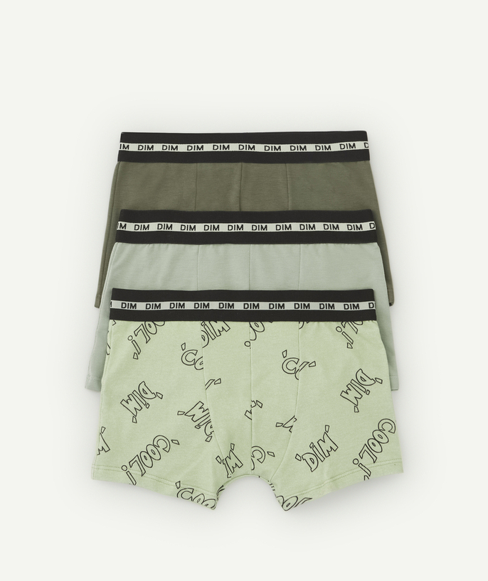   - PACK OF THREE PAIRS OF BOYS' BOXER SHORTS, PRINTED OR PLAIN GREEN AND KHAKI