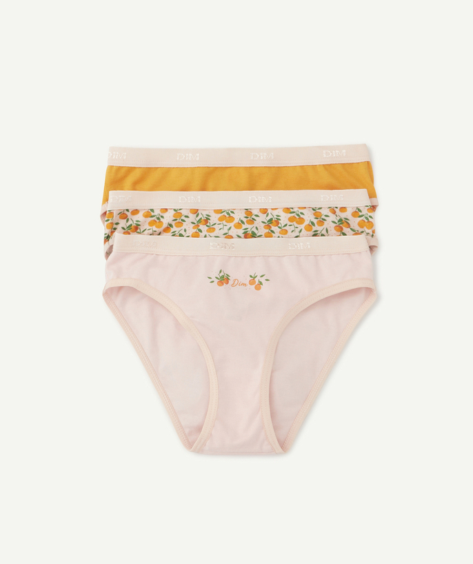   - SET OF THREE PAIRS OF PRINTED OR PLAIN ORANGE, YELLOW AND PASTEL PINK KNICKERS