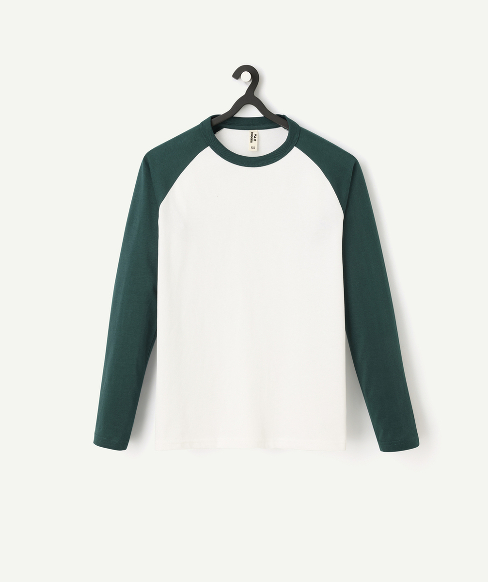   - boy's long-sleeved t-shirt in two-tone fir green and white organic cotton