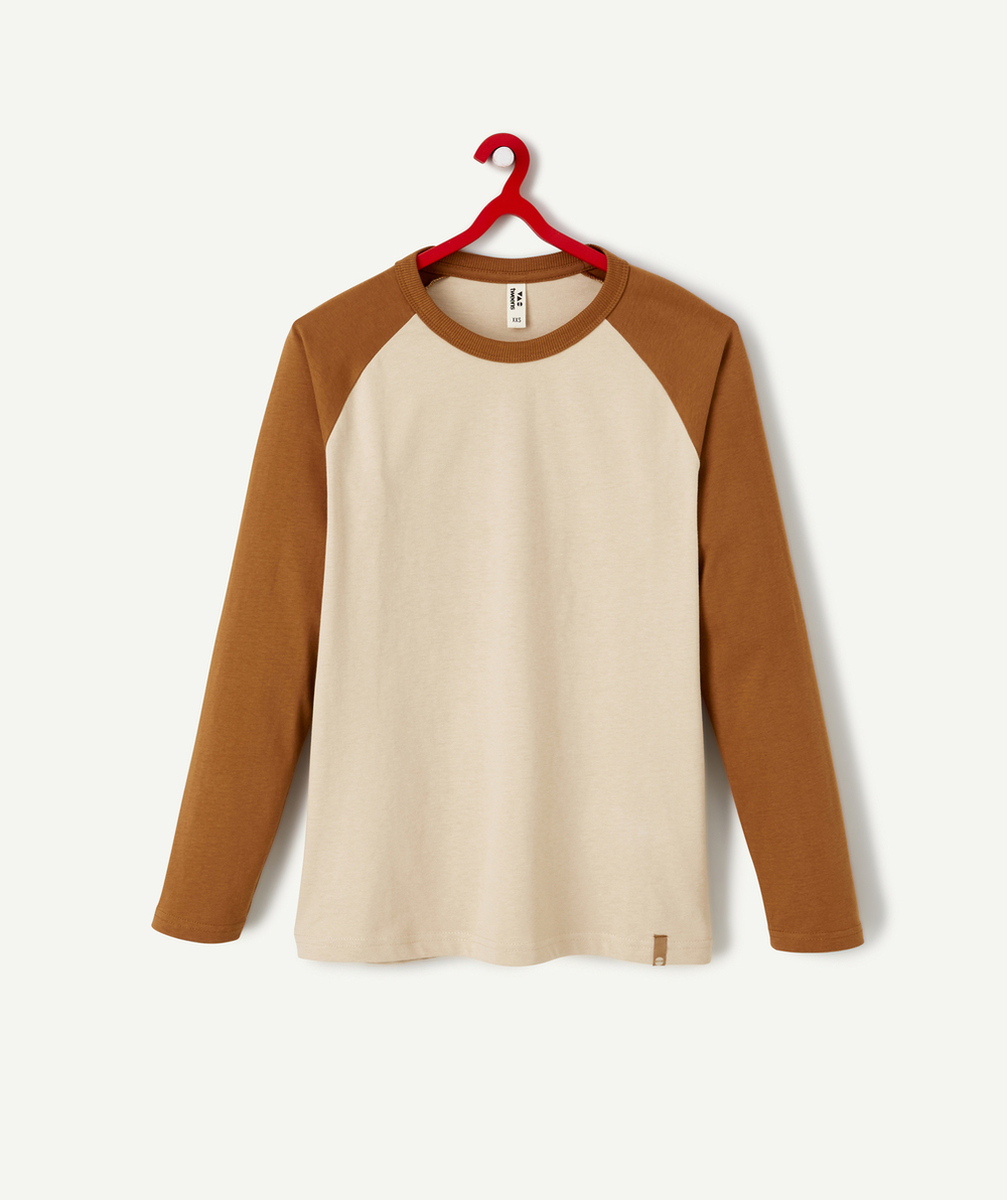   - BOYS' BEIGE AND BROWN LONG-SLEEVED ORGANIC COTTON T-SHIRT